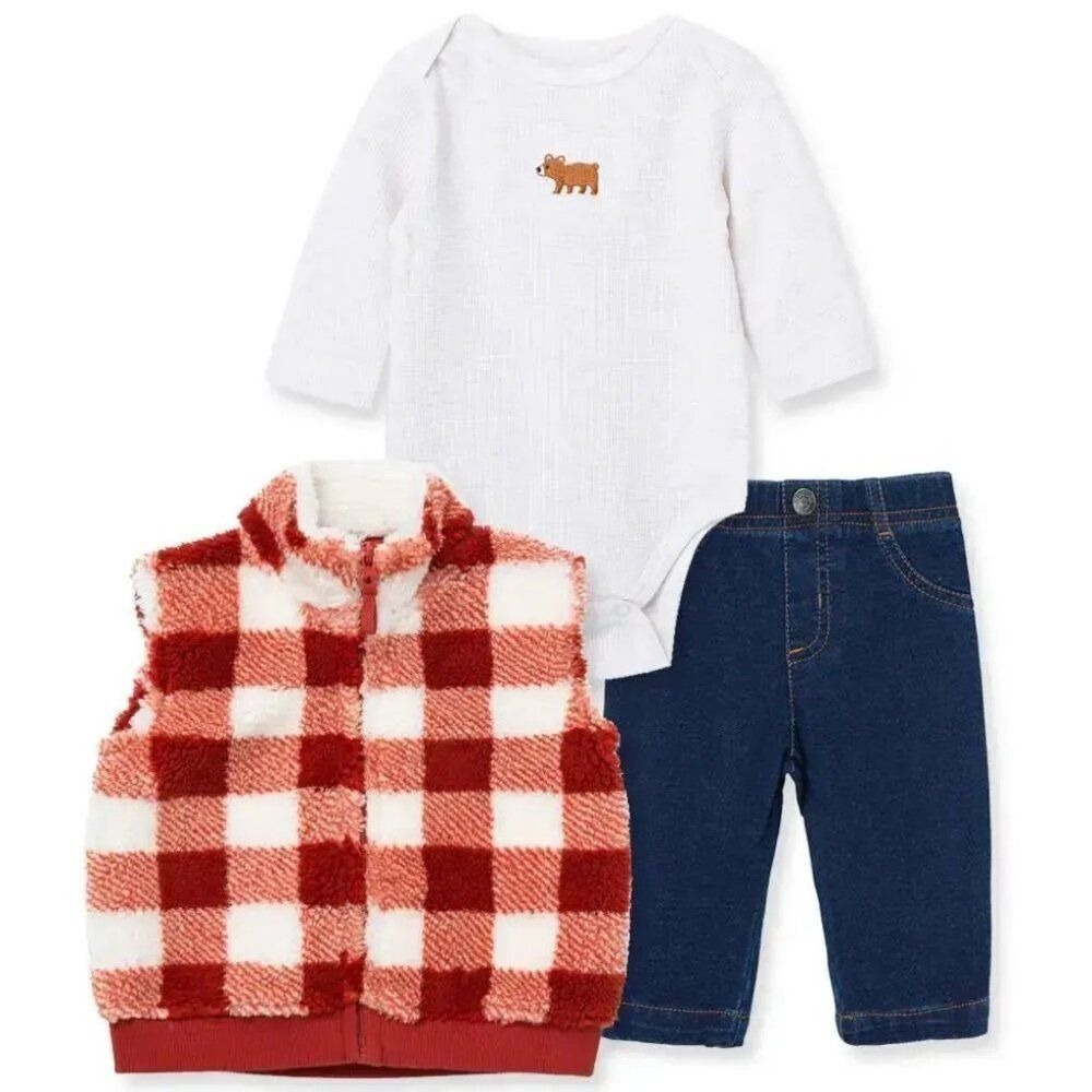 Carters 3pc Vest Set Baby Boys 9M Red Buffalo Plaid Sherpa Bear Excellent - Picture 2 of 6